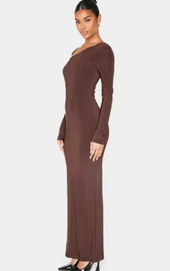 Chocolate Double Slinky Asymmetric Neck Line Long Sleeve Maxi Dress