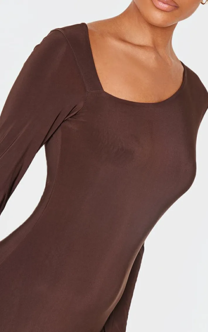 Chocolate Double Slinky Asymmetric Neck Line Long Sleeve Maxi Dress