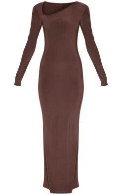 Chocolate Double Slinky Asymmetric Neck Line Long Sleeve Maxi Dress