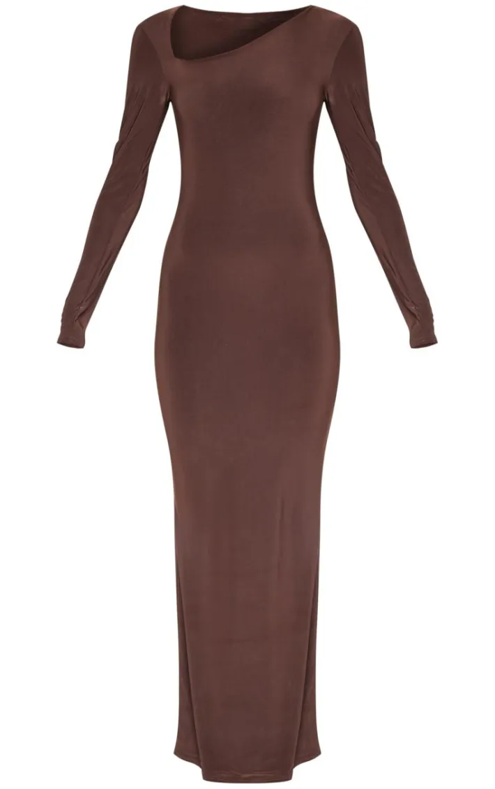 Chocolate Double Slinky Asymmetric Neck Line Long Sleeve Maxi Dress
