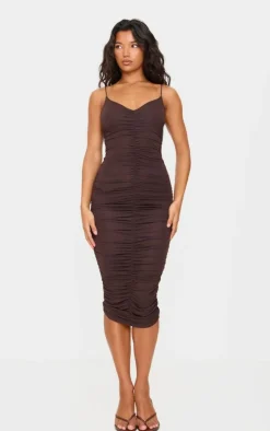Chocolate Extreme Ruched Spaghetti Midi Dress