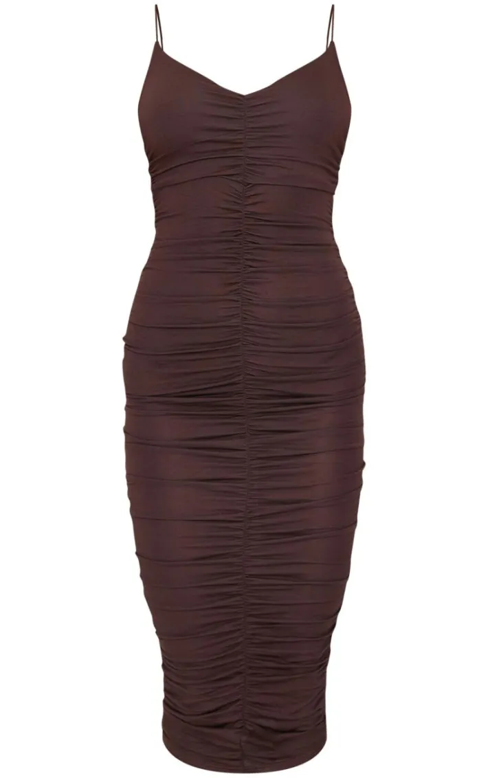 Chocolate Extreme Ruched Spaghetti Midi Dress