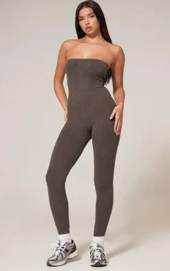 Chocolate Faded Snatched Rib Bandeau Straight Leg Jumpsuit