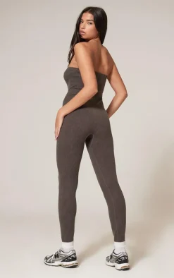 Chocolate Faded Snatched Rib Bandeau Straight Leg Jumpsuit