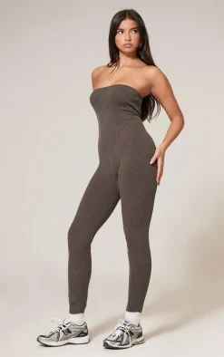 Chocolate Faded Snatched Rib Bandeau Straight Leg Jumpsuit