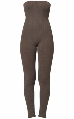 Chocolate Faded Snatched Rib Bandeau Straight Leg Jumpsuit