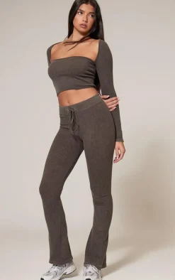 Chocolate Faded Snatched Rib Sleeve Detail Crop Top