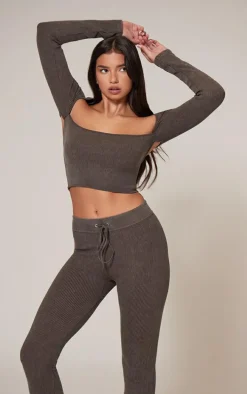 Chocolate Faded Snatched Rib Sleeve Detail Crop Top