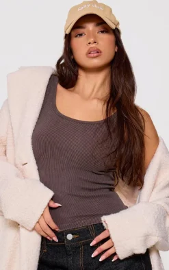 Chocolate Faded Snatched Rib Scoop Neck Vest Top