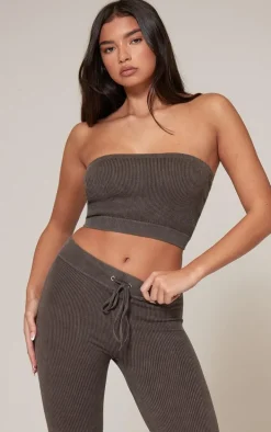 Chocolate Faded Snatched Rib Bandeau Crop Top