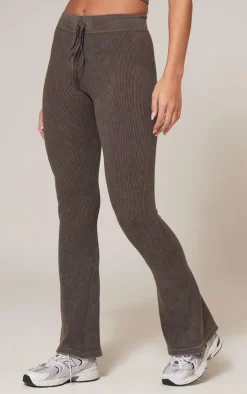 Chocolate Faded Snatched Rib Tie Waist Skinny Flared Pants