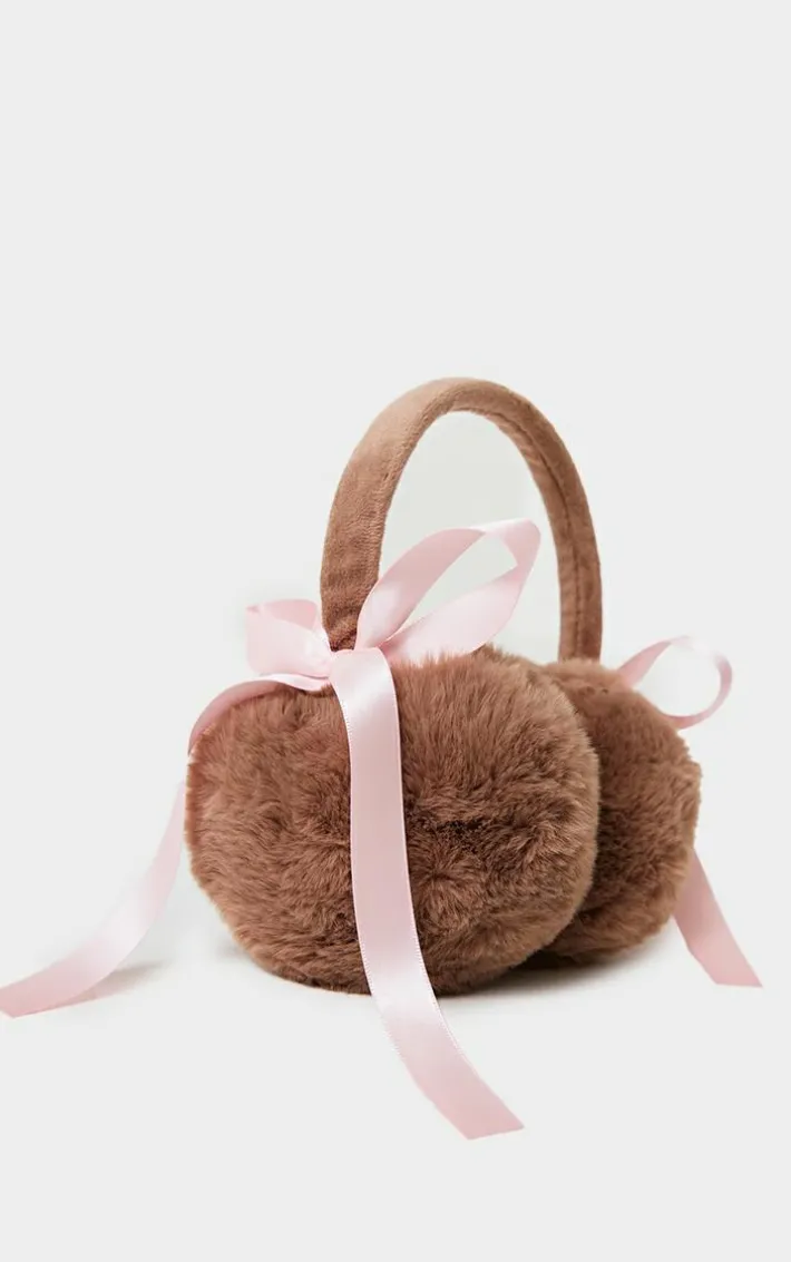 Chocolate Faux Fur Bow Detail Ear Muffs