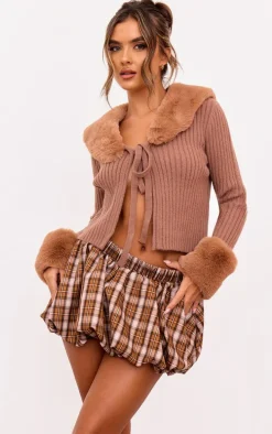 Chocolate Faux Fur Trim Detail Tie Front Top
