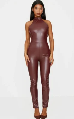 Chocolate Faux Leather Halterneck Back Tie Straight Leg Jumpsuit