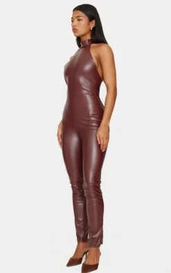 Chocolate Faux Leather Halterneck Back Tie Straight Leg Jumpsuit