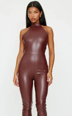 Chocolate Faux Leather Halterneck Back Tie Straight Leg Jumpsuit