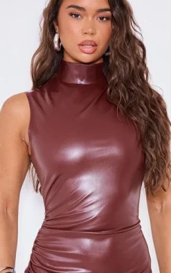 Chocolate Faux Leather High Neck Sleeveless Ruched Mini Dress