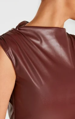 Chocolate Faux Leather High Neck Ruched Mini Dress