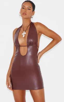 Chocolate Faux Leather Plunge Bodycon Dress