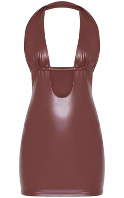 Chocolate Faux Leather Plunge Bodycon Dress