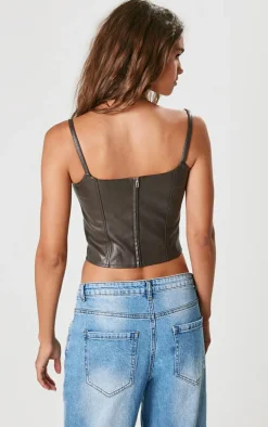 Chocolate Faux Leather Square Neck Long Corset