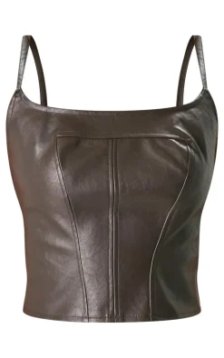 Chocolate Faux Leather Square Neck Long Corset