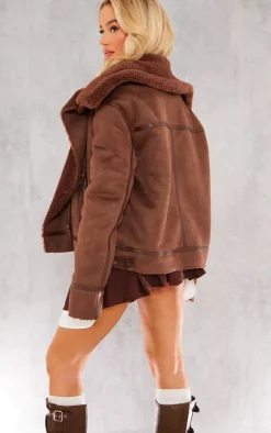 Chocolate Faux Suede PU Bonded Aviator Jacket