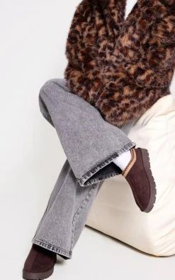 Chocolate Faux Suede Round Toe Slip On Sticthed Flats