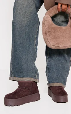 Chocolate Faux Suede Round Toe Platform Ankle Boots