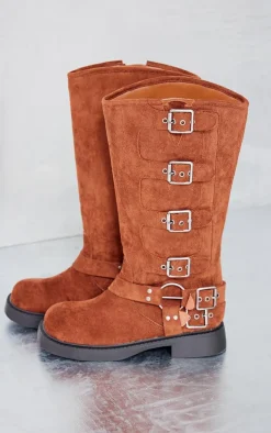 Chocolate Faux Suede Square Toe Brushed Buckle Knee Boots