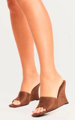 Chocolate Faux Suede Square Toe Wedge Heeled Sandals