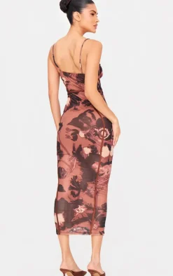 Chocolate Floral Print Mesh Binding Detail Midaxi Dress