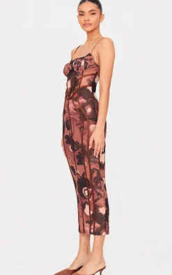 Chocolate Floral Print Mesh Binding Detail Midaxi Dress