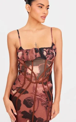 Chocolate Floral Print Mesh Binding Detail Midaxi Dress