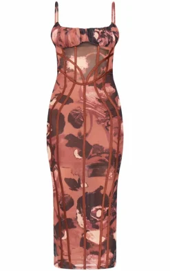 Chocolate Floral Print Mesh Binding Detail Midaxi Dress