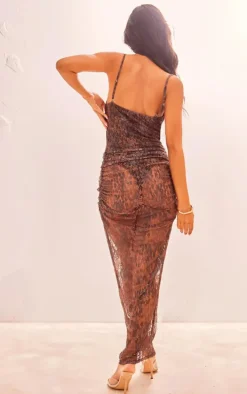 Chocolate Floral Printed Lace Underwired Ruched Maxi Dress
