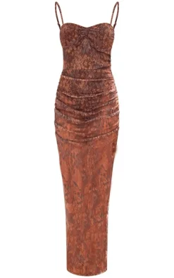 Chocolate Floral Printed Lace Underwired Ruched Maxi Dress