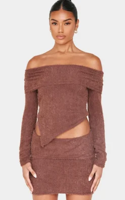 Chocolate Fluffy Asymmetric Fold Over Bardot Top