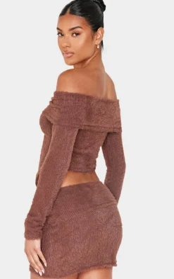 Chocolate Fluffy Asymmetric Fold Over Bardot Top