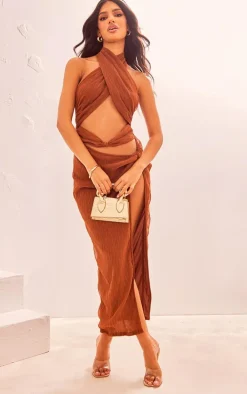 Chocolate Halterneck Knot Detail Slit Maxi Dress