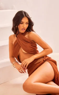 Chocolate Halterneck Knot Detail Slit Maxi Dress