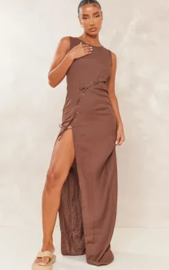 Chocolate Linen Look Lace Up Eyelet Detail Maxi Dress