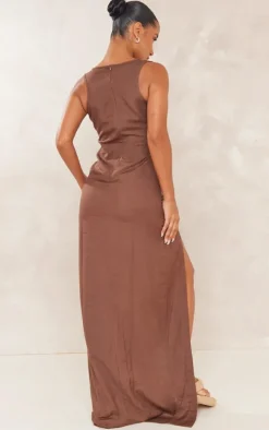 Chocolate Linen Look Lace Up Eyelet Detail Maxi Dress