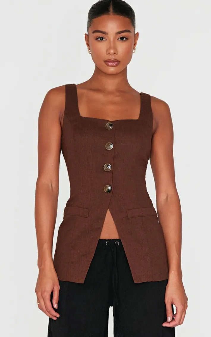 Chocolate Longline Square Neck Vest