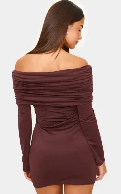 Chocolate Matte Sculpt Double Layer Foldover Bardot Long Sleeve Mini Dress