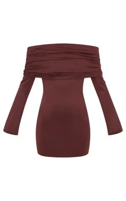 Chocolate Matte Sculpt Double Layer Foldover Bardot Long Sleeve Mini Dress