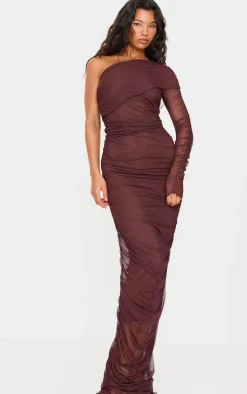 Chocolate Mesh Bardot One Sleeve Maxi Dress