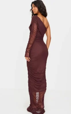 Chocolate Mesh Bardot One Sleeve Maxi Dress