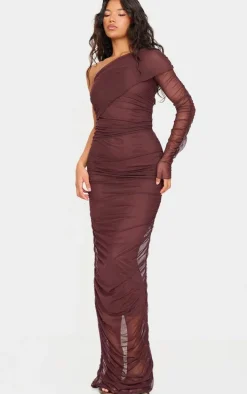 Chocolate Mesh Bardot One Sleeve Maxi Dress