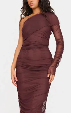 Chocolate Mesh Bardot One Sleeve Maxi Dress